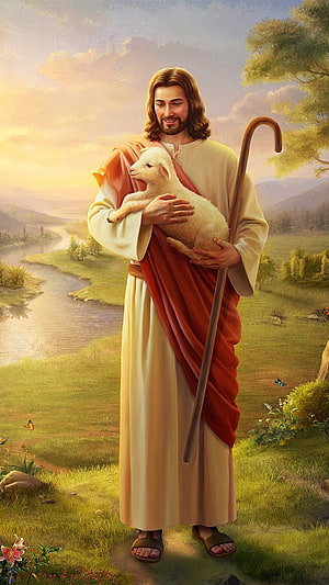 Jesus Christ as the Good Shepherd Holding a Lamb in a Serene Pastoral Landscape HD phone wallpaper