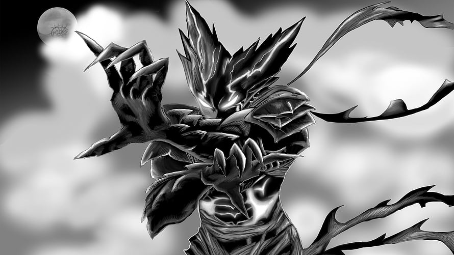Garou in Dark Form from One-Punch Man, Monochrome Manga Illustration with Moonlit Sky HD wallpaper