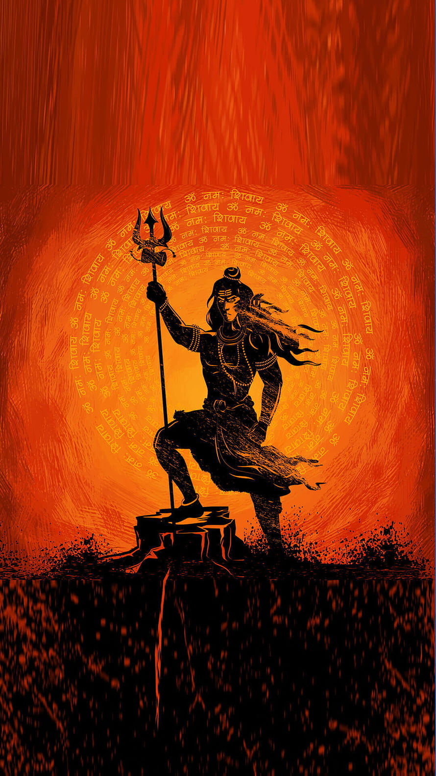 Lord Shiva Silhouette Holding Trishula Against Fiery Orange Mandala Background HD phone wallpaper