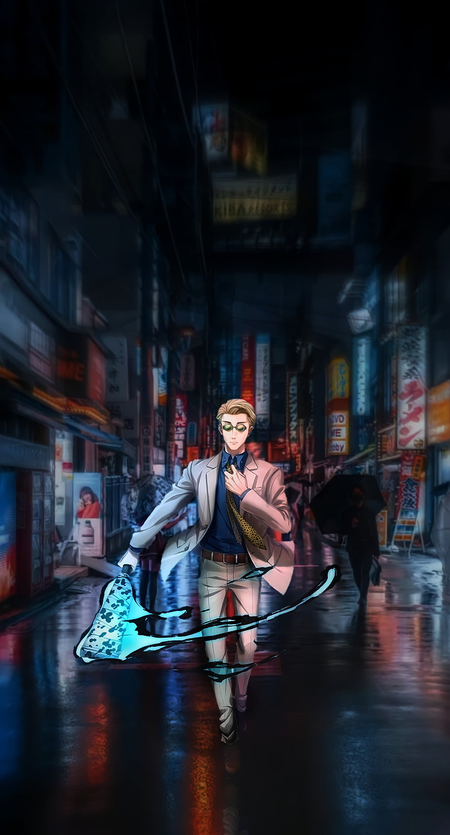 Nanami Kento Walking Through Neon-Lit Rainy Alley in Jujutsu Kaisen Anime Style HD phone wallpaper