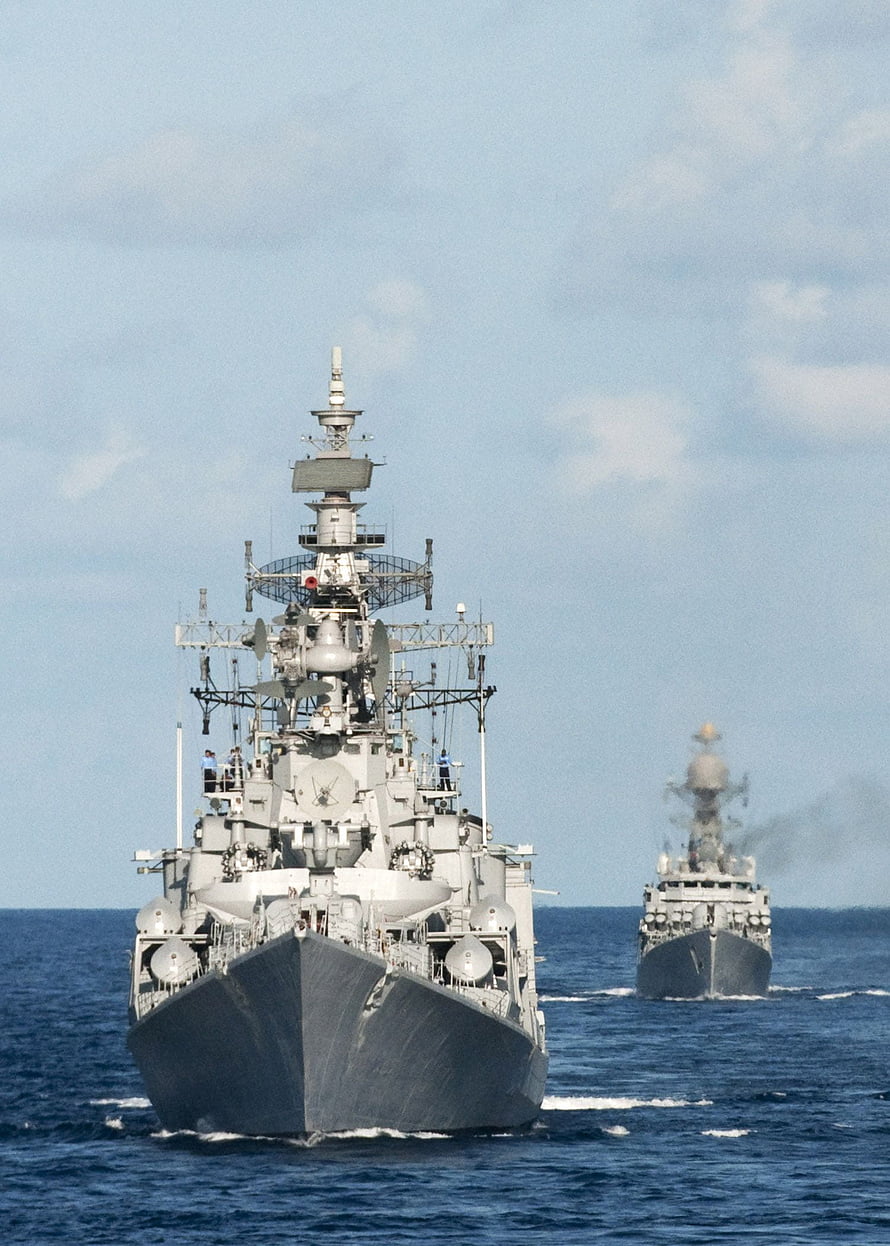 Indian Navy warships sailing in formation across open ocean waters HD phone wallpaper