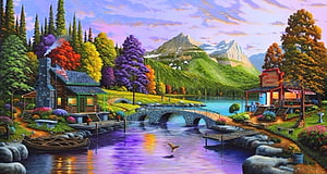 Vibrant Autumn Countryside Scene With Log Cabin, Stone Bridge, and Mountain Lake HD wallpaper