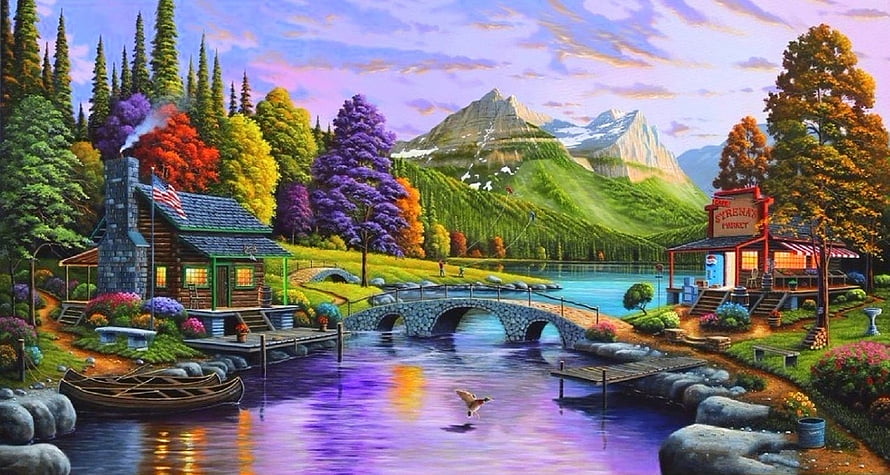 Vibrant Autumn Countryside Scene With Log Cabin, Stone Bridge, and Mountain Lake HD wallpaper