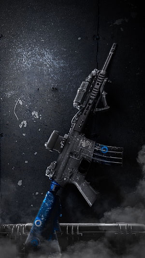Customized M4 Carbine with Blue Stock and Tactical Optics on Dark Grunge Background HD phone wallpaper