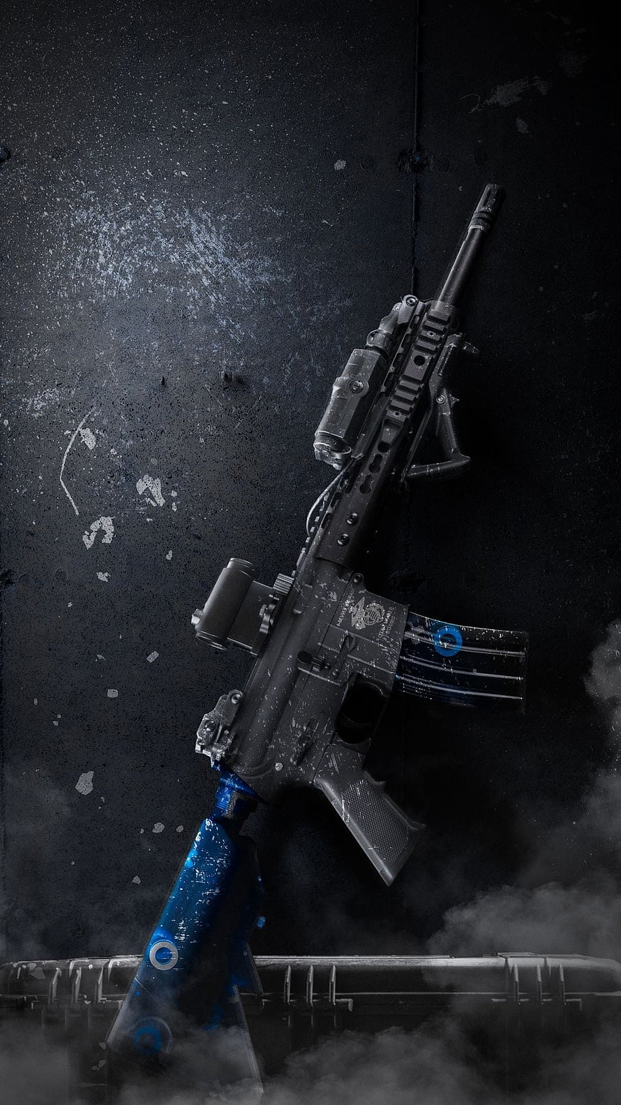 Customized M4 Carbine with Blue Stock and Tactical Optics on Dark Grunge Background HD phone wallpaper