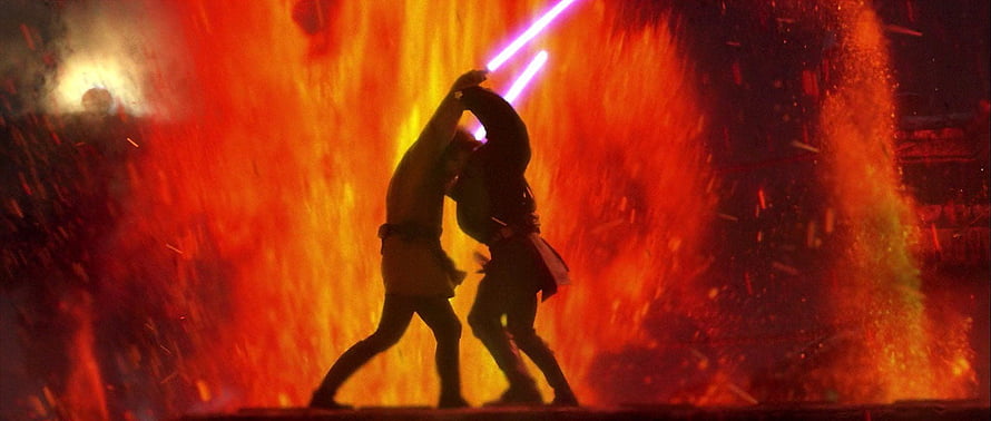 Star Wars Anakin and Obi-Wan Duel Amidst Fiery Explosion HD wallpaper