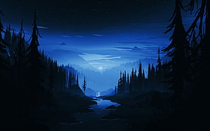 Serene Nighttime Forest Landscape with Moonlit River and Distant Mountains HD wallpaper