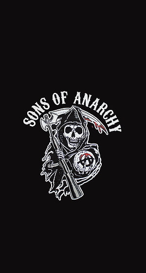 Sons of Anarchy Grim Reaper Skull Logo with Rifle and Anarchy Symbol on Black Background HD phone wallpaper