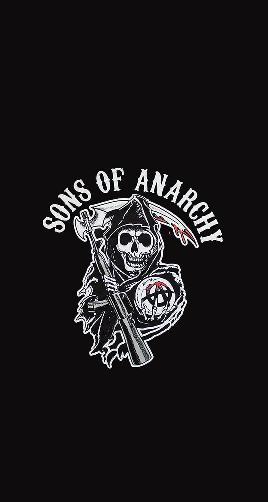 Sons of Anarchy Grim Reaper Skull Logo with Rifle and Anarchy Symbol on Black Background HD phone wallpaper