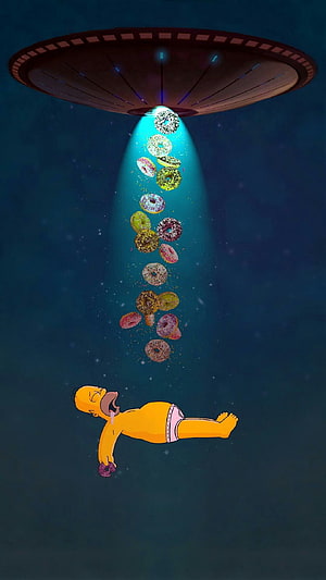 Homer Simpson Floating in Space with UFO Beam and Falling Donuts HD phone wallpaper