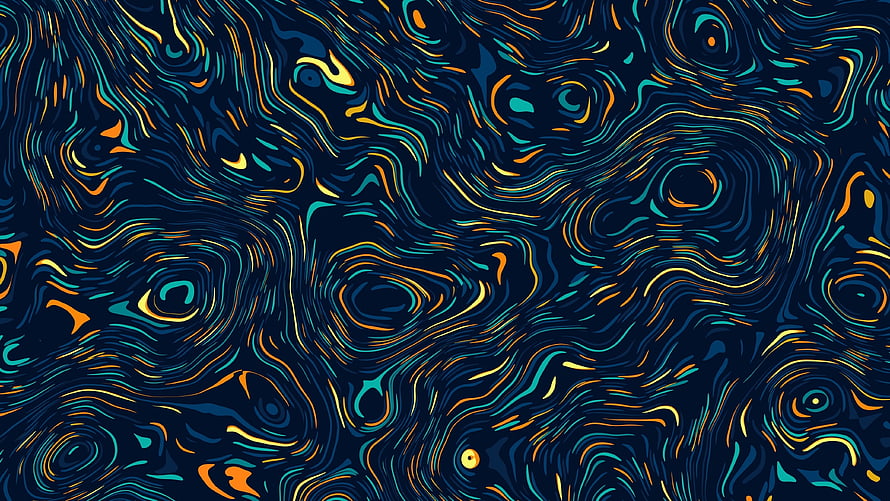 Vibrant Swirling Abstract Art Pattern with Turquoise and Orange Lines on Dark Blue Background HD wallpaper