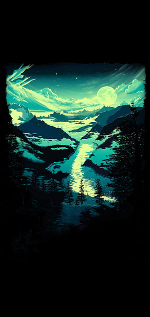 Stylized Moonlit Mountain Valley with River and Pine Trees in Teal and Black Digital Art HD phone wallpaper