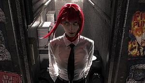 Red-Haired Woman with Glowing Amber Eyes in White Shirt and Black Tie in Dark Alley HD wallpaper