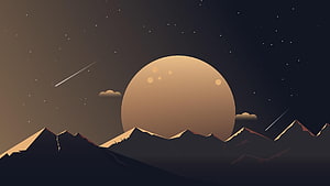 Minimalist Flat Art of a Giant Moon Rising Over a Dark Mountain Range at Night HD wallpaper
