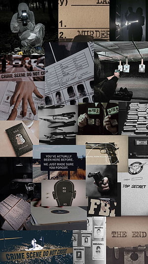 Dark Detective Aesthetic Collage with Crime Scene, FBI Badges, and Forensic Evidence HD phone wallpaper