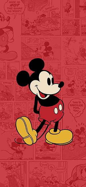 Mickey Mouse Walking on Red Comic Strip Background HD phone wallpaper