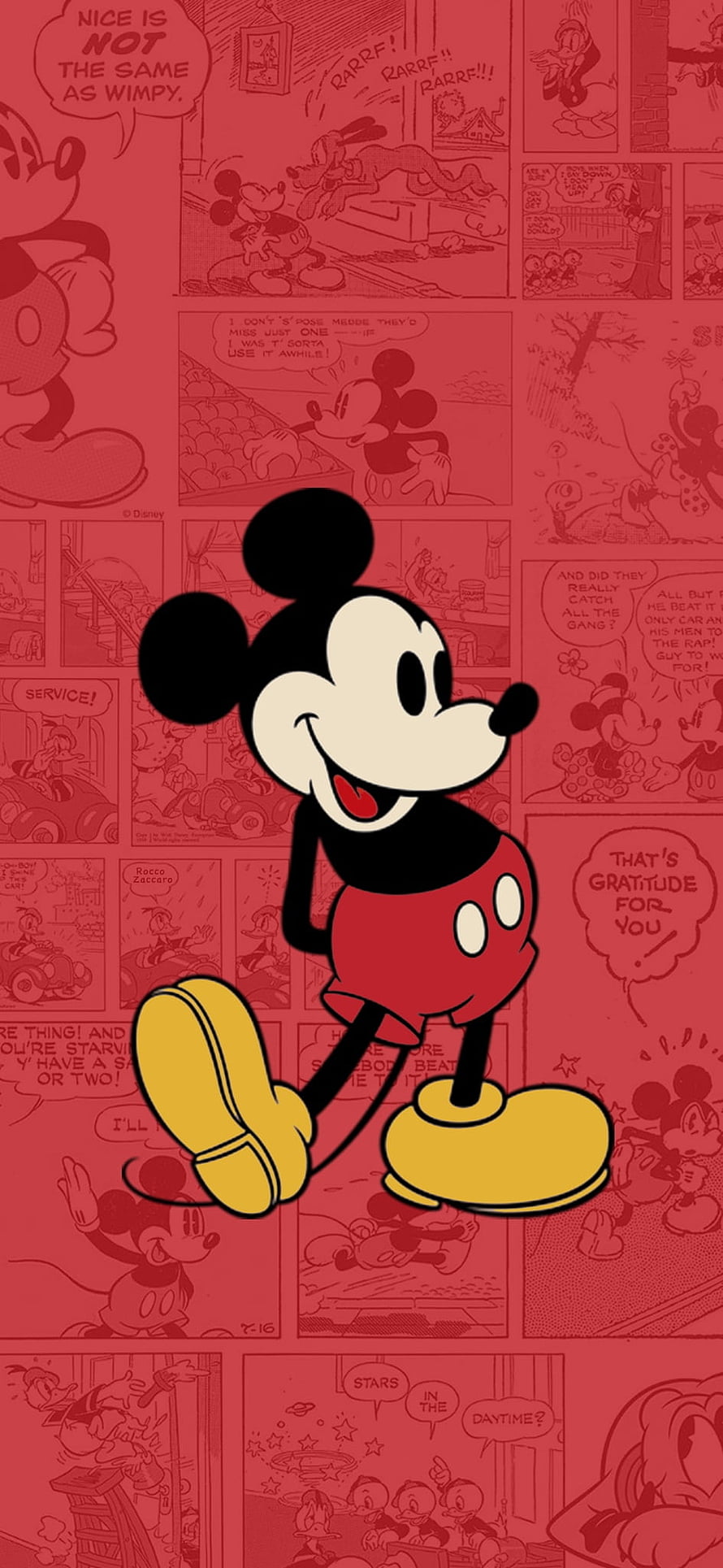Mickey Mouse Walking on Red Comic Strip Background HD phone wallpaper