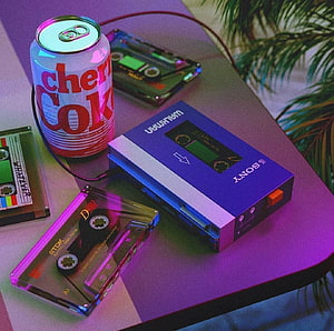 Retro Sony Walkman and Cassette Tapes with Cherry Coke in Neon Aesthetic HD wallpaper