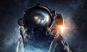 Astronaut Helmet Reflecting Earth Against Starry Deep Space Background HD wallpaper