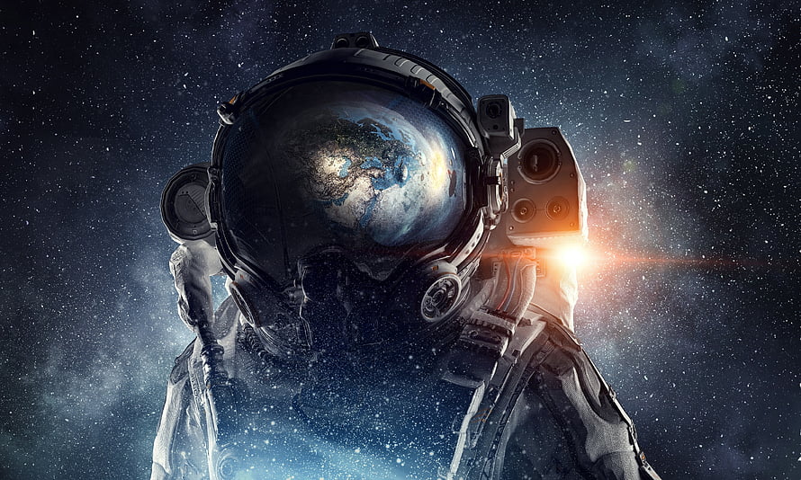 Astronaut Helmet Reflecting Earth Against Starry Deep Space Background HD wallpaper