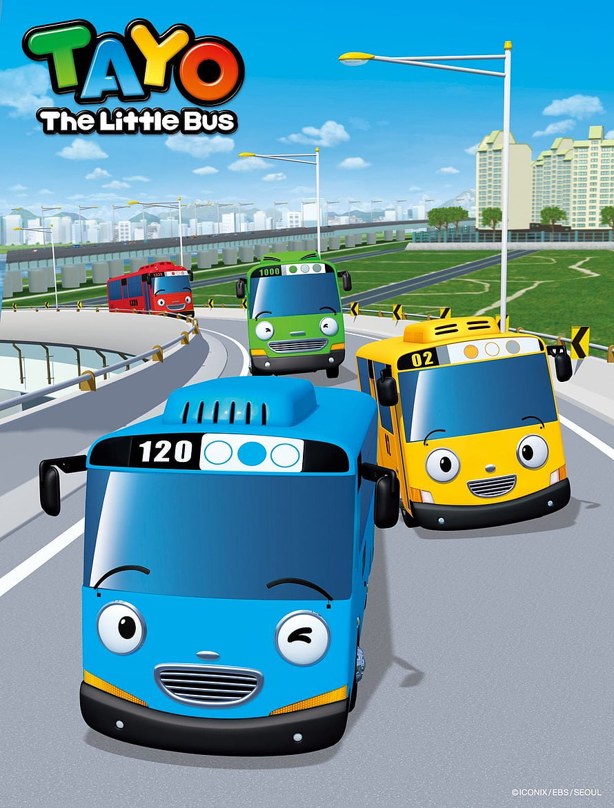 Tayo The Little Bus Animated Characters Driving on a City Highway HD phone wallpaper