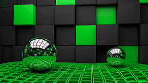 Abstract 3D Green and Black Geometric Cube Wall with Reflective Chrome Spheres HD wallpaper