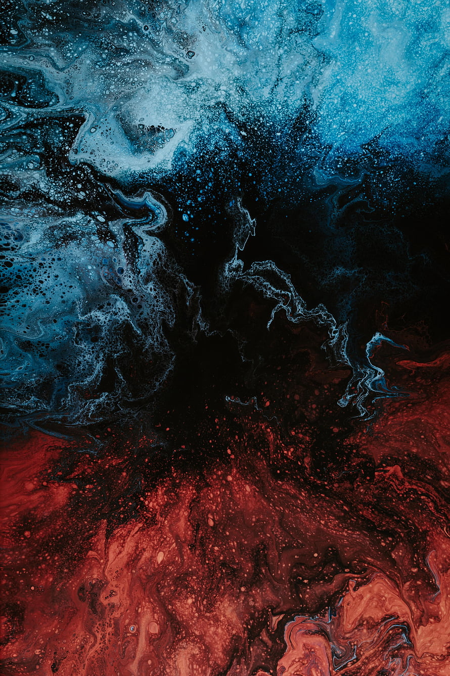 Dark Abstract Acrylic Pour with Swirling Blue and Red Ink Patterns HD phone wallpaper