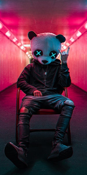 Neon Panda Mask Portrait in Cyberpunk Corridor with Glowing X Eyes HD phone wallpaper