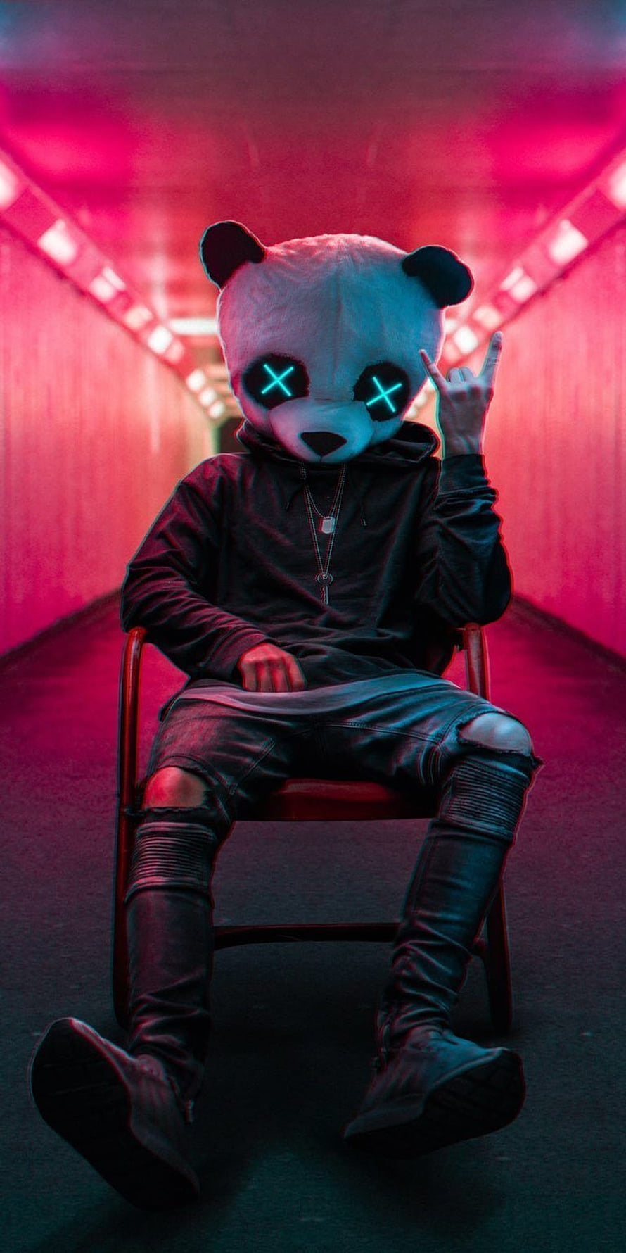 Neon Panda Mask Portrait in Cyberpunk Corridor with Glowing X Eyes HD phone wallpaper