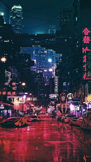 Neon-Lit Cyberpunk Street Scene with Rain-Soaked Reflections and Futuristic Cars HD phone wallpaper