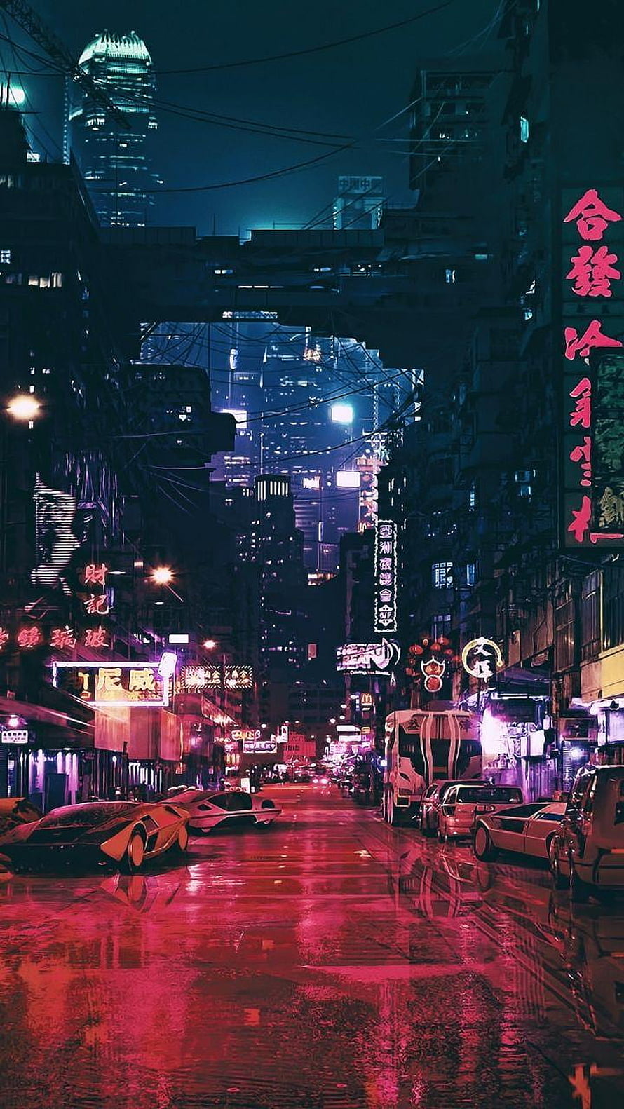Neon-Lit Cyberpunk Street Scene with Rain-Soaked Reflections and Futuristic Cars HD phone wallpaper