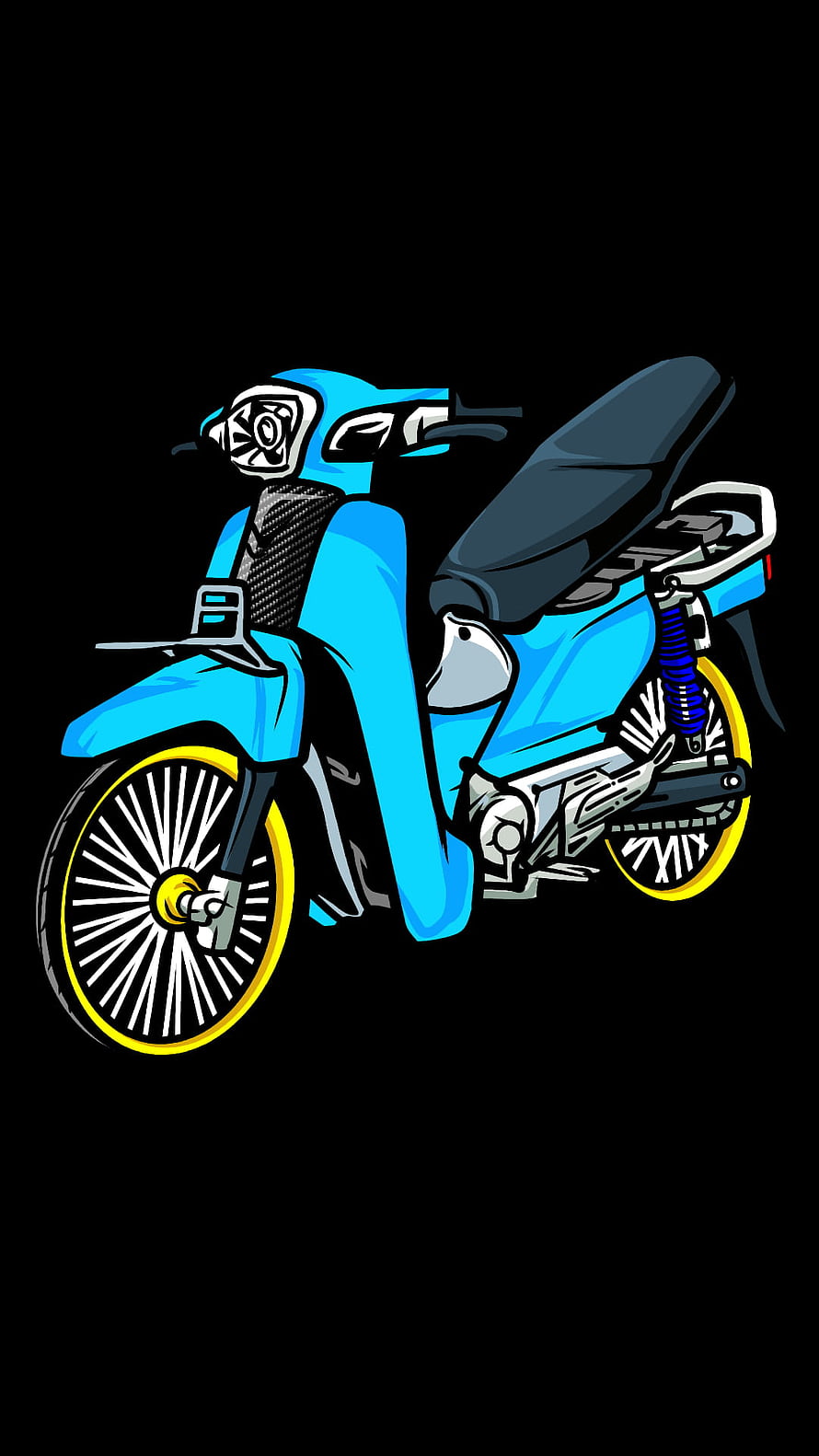 Stylized Blue Scooter Illustration with Yellow Rims on Black Background HD phone wallpaper