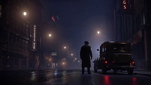 Mafia Definitive Edition Noir Mode Night Street Scene with Vintage Car and Detective HD wallpaper