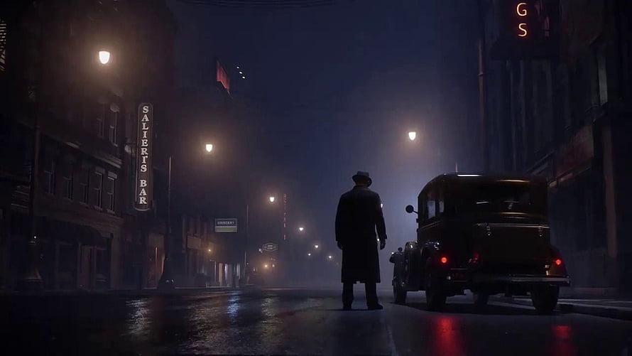 Mafia Definitive Edition Noir Mode Night Street Scene with Vintage Car and Detective HD wallpaper
