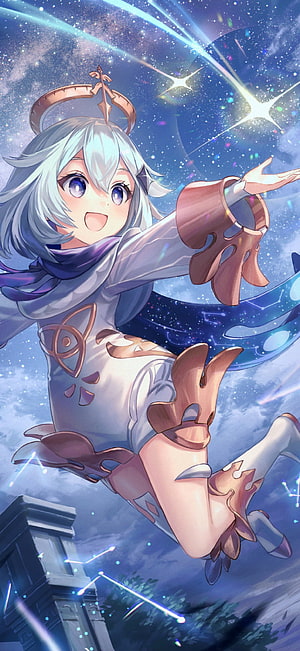 Paimon Soaring Through a Starry Night Sky in Genshin Impact Anime Illustration HD phone wallpaper