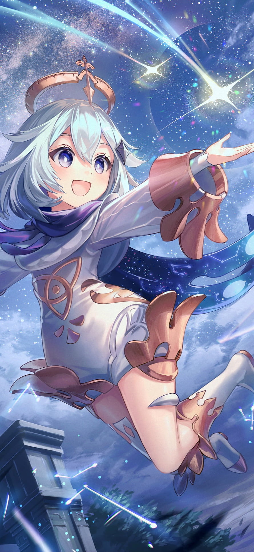Paimon Soaring Through a Starry Night Sky in Genshin Impact Anime Illustration HD phone wallpaper