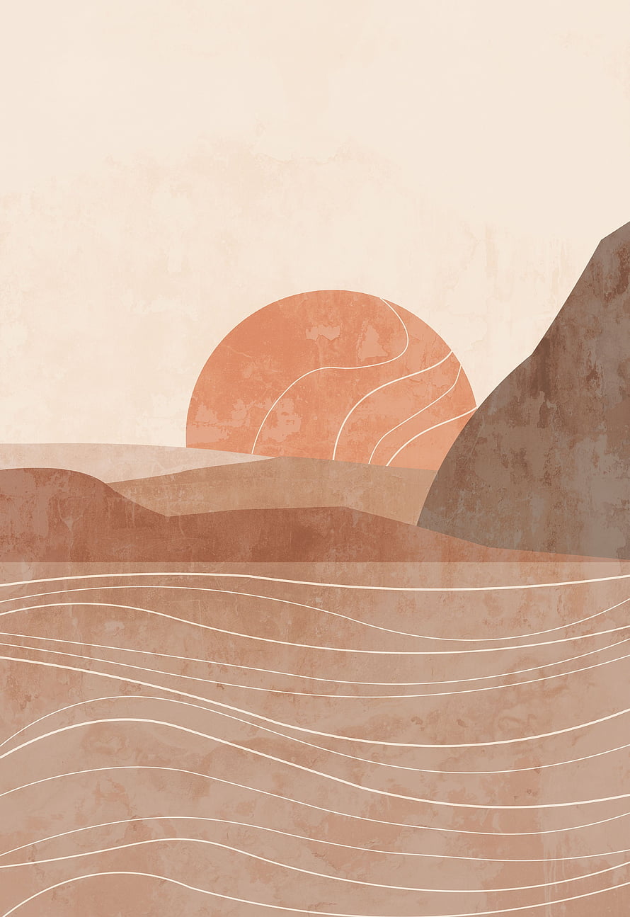 Minimalist Boho Desert Landscape with Terracotta Sun and Flowing Lines HD phone wallpaper