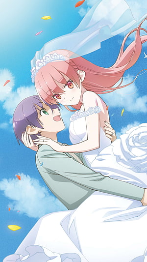 Tonikaku Kawaii anime wedding scene with Yuzaki Tsukasa and Nito Nito in a romantic sky setting HD phone wallpaper