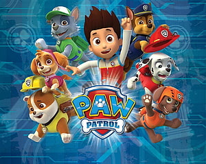 Paw Patrol Team Group Portrait with Ryder and Six Pups on Blue Tech Background HD wallpaper