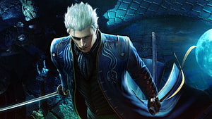 Vergil in Devil May Cry 4 wielding Yamato in a dark blue moonlit setting HD wallpaper