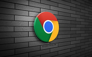 Google Chrome 3D Logo Mounted on Dark Gray Brick Wall HD wallpaper