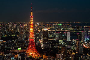 Tokyo Tower Illuminated in Red and Gold Over the City Skyline at Night HD wallpaper