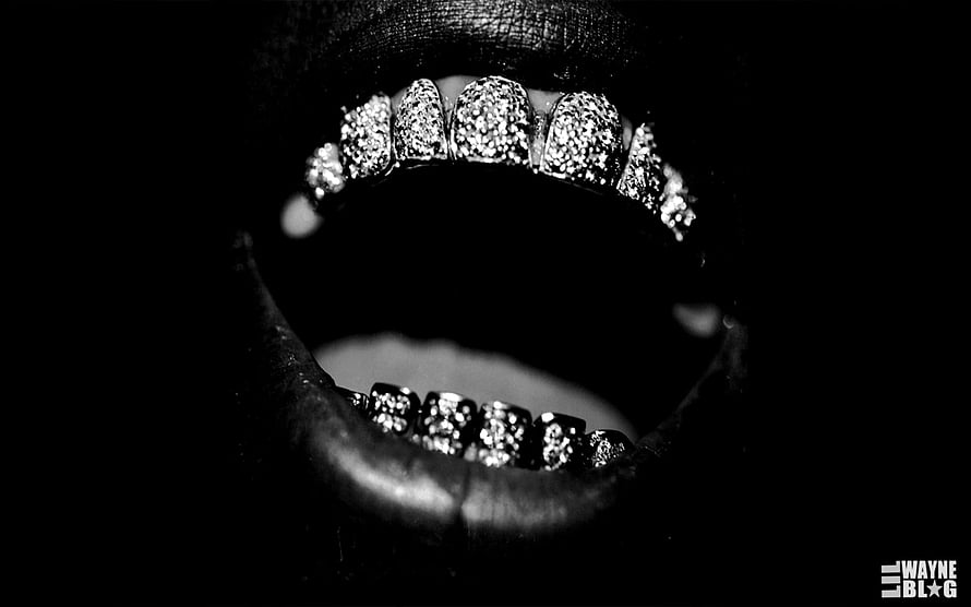 Black and White Close-Up of Diamond Grillz on Open Mouth HD wallpaper