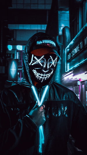 Anonymous Hacker in Glowing LED Mask with Neon Cyberpunk Street Aesthetic HD phone wallpaper