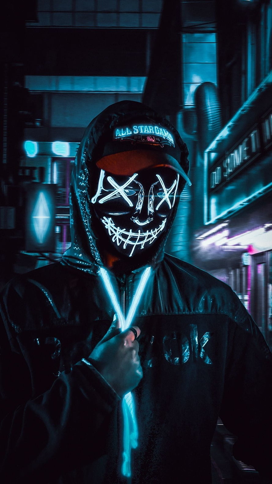 Anonymous Hacker in Glowing LED Mask with Neon Cyberpunk Street Aesthetic HD phone wallpaper
