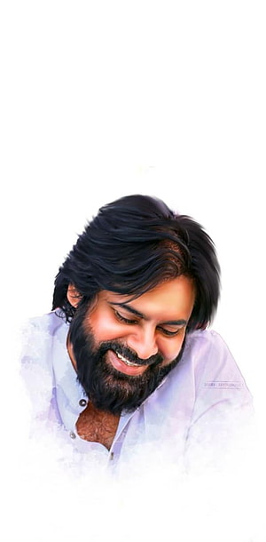 Pawan Kalyan smiling portrait with full beard and light blue shirt on white background HD phone wallpaper