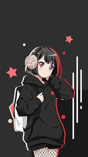 Anime Girl in Black Hoodie and Fishnet Tights with Furry Earmuffs on Dark Background HD phone wallpaper