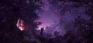 Mystical Purple Jungle at Dusk with Misty Atmosphere and Ancient Trees HD wallpaper