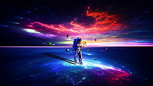 Astronaut Standing on a Glowing Surface with Floating Planets and Vibrant Nebula Sky HD wallpaper