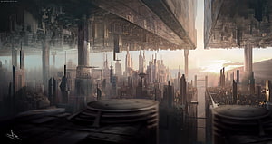 Upside Down Futuristic Cityscape with Floating Architecture and Golden Hour Skyline HD wallpaper